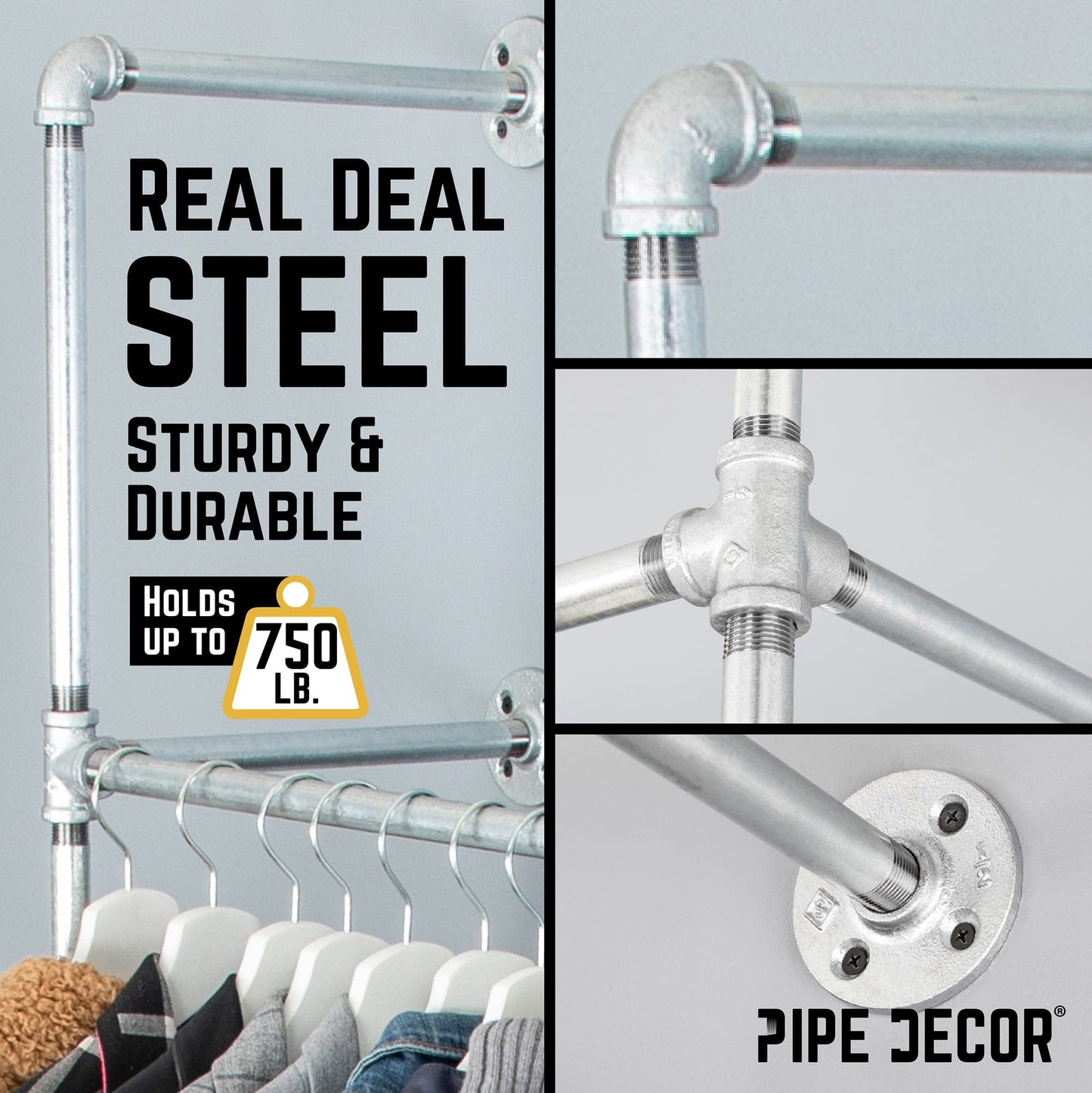 115 in. Galvanized Wall Mounted Clothing Rack, Triple PIPE DECOR