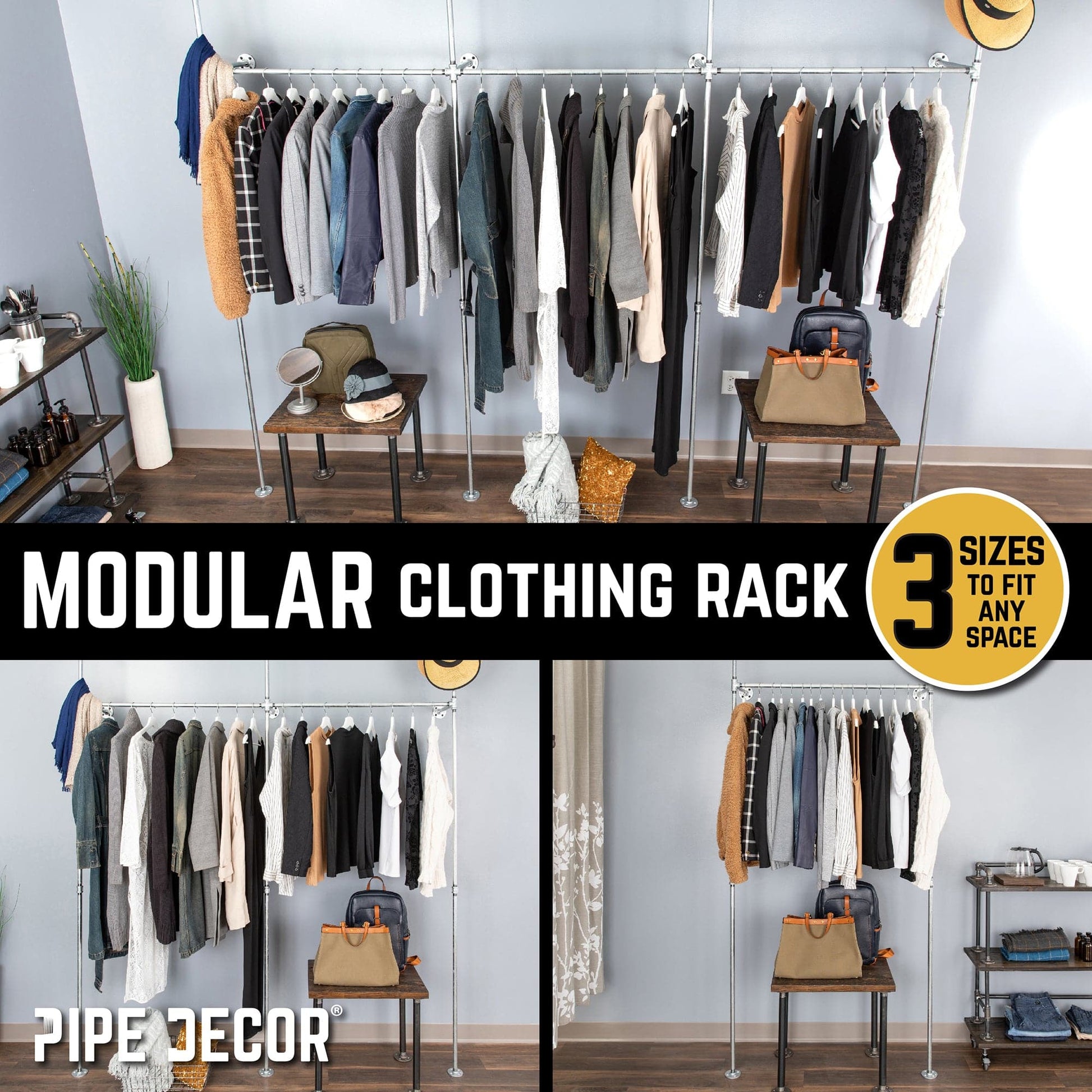 115 in. Galvanized Wall Mounted Clothing Rack, Triple PIPE DECOR