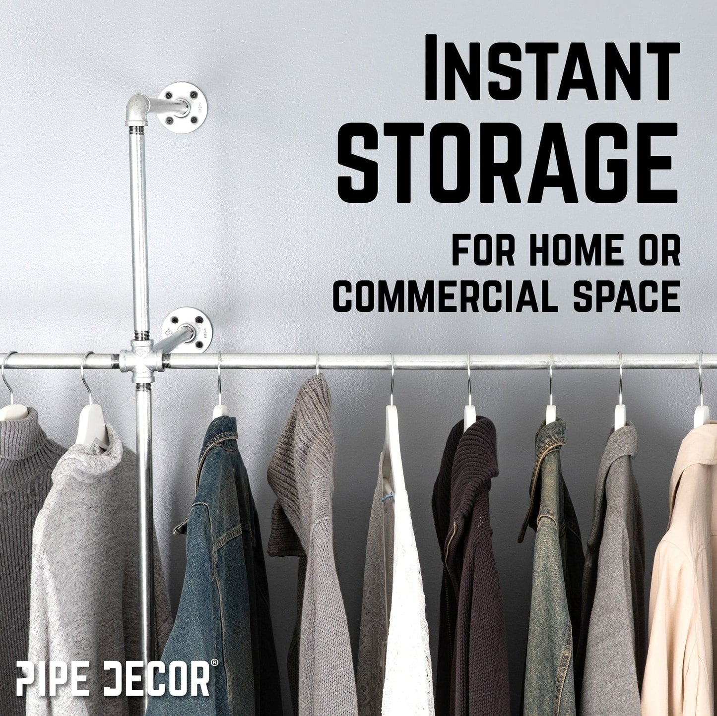 115 in. Galvanized Wall Mounted Clothing Rack, Triple PIPE DECOR