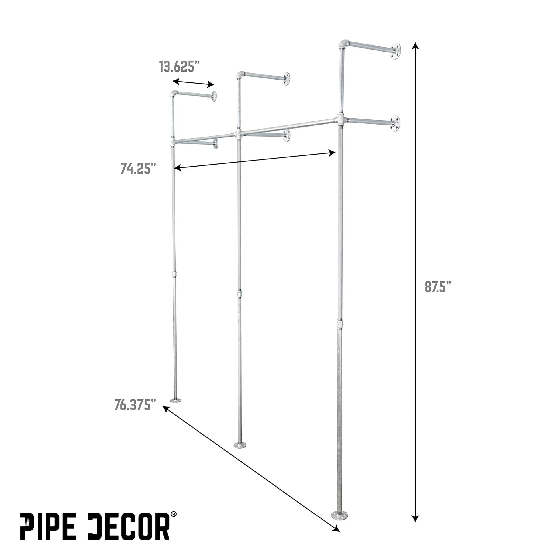 76.375 in. Galvanized Wall Mounted Clothing Rack, Double PIPE DECOR