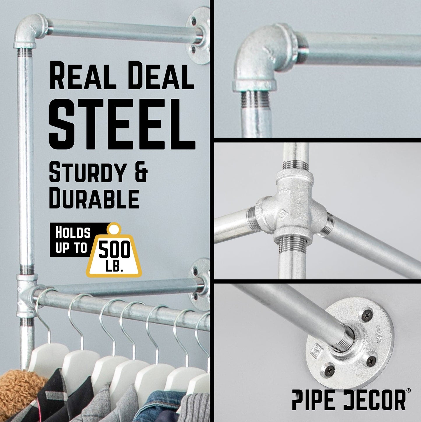 76.375 in. Galvanized Wall Mounted Clothing Rack, Double PIPE DECOR