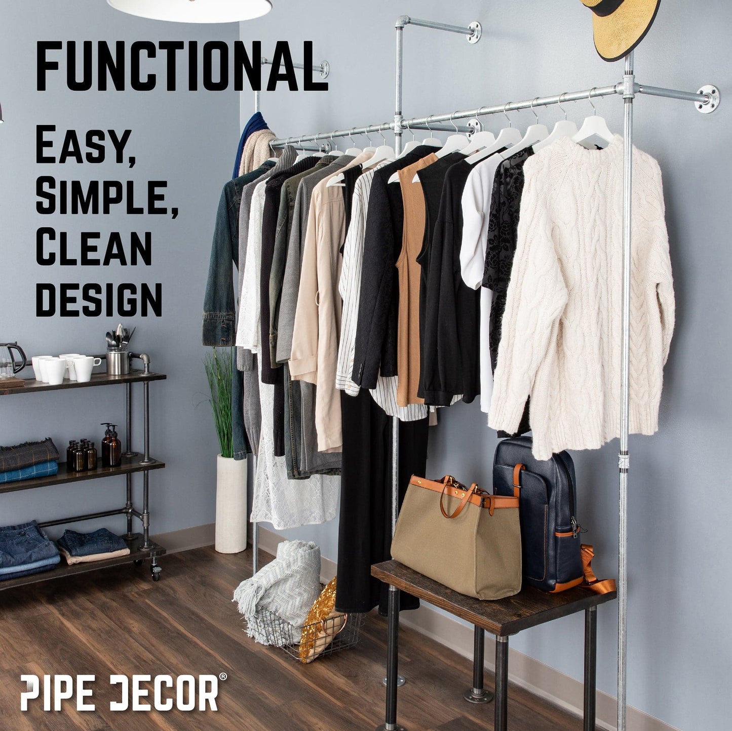 76.375 in. Galvanized Wall Mounted Clothing Rack, Double PIPE DECOR