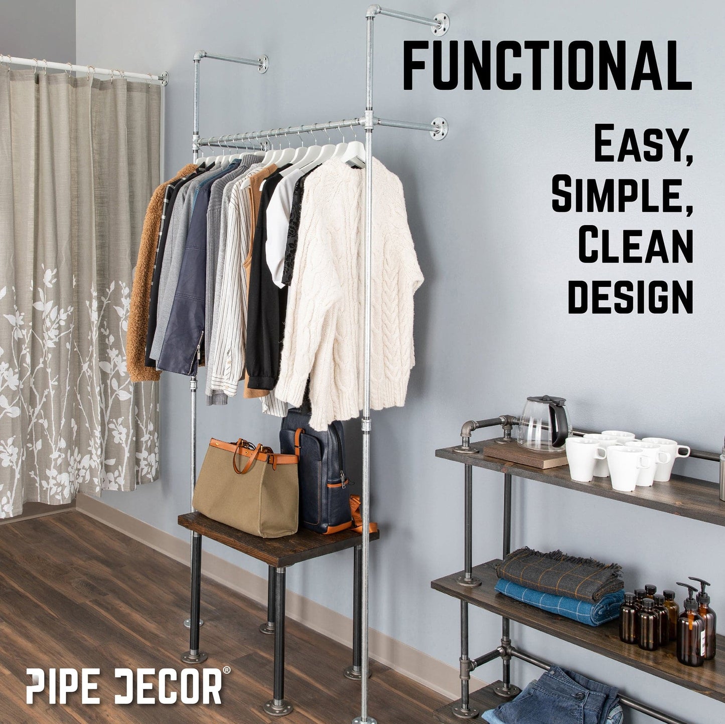 41 in. Galvanized Wall Mounted Clothing Rack, Single PIPE DECOR