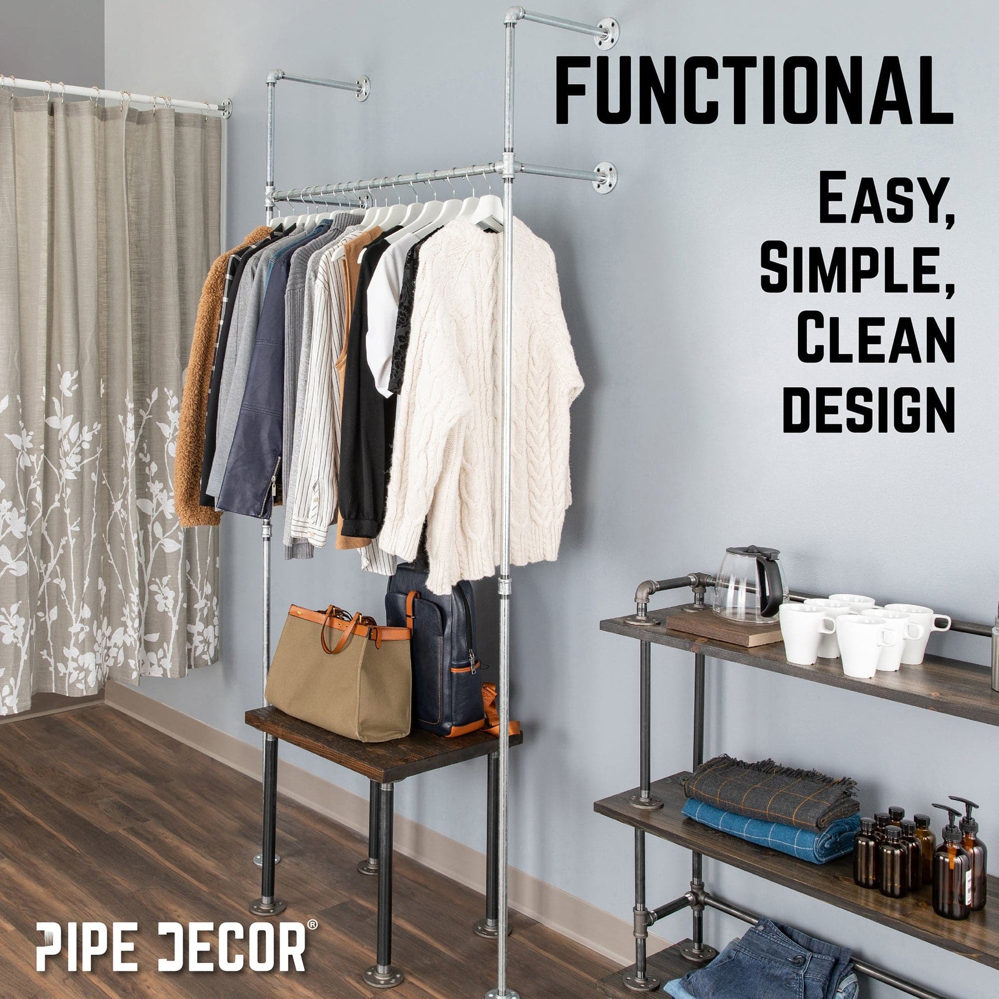 41 in. Galvanized Wall Mounted Clothing Rack, Single PIPE DECOR