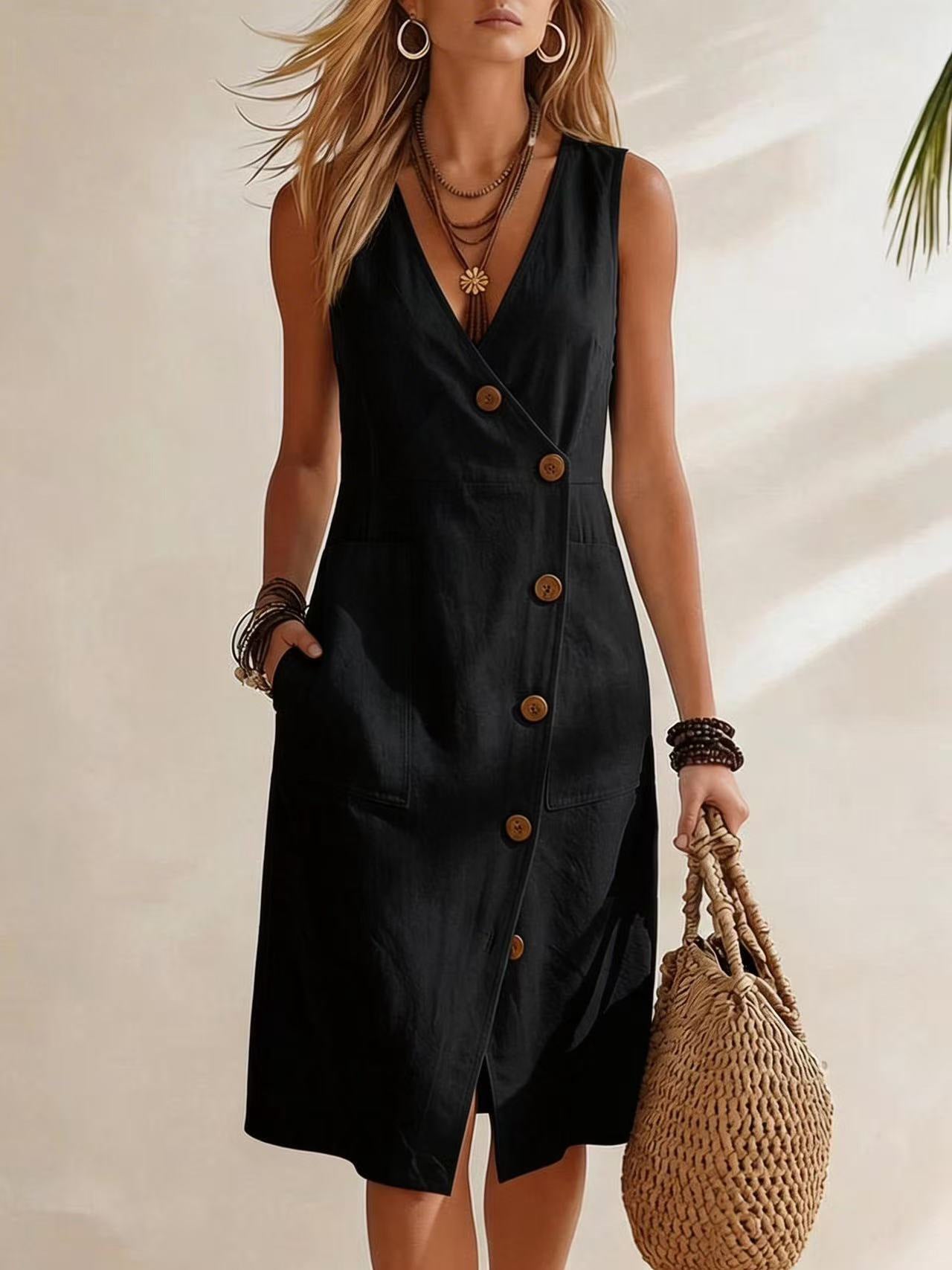 Women's Resort V-Neck Sleeveless Asymmetrical-Button Midi Dress FitiqueFit