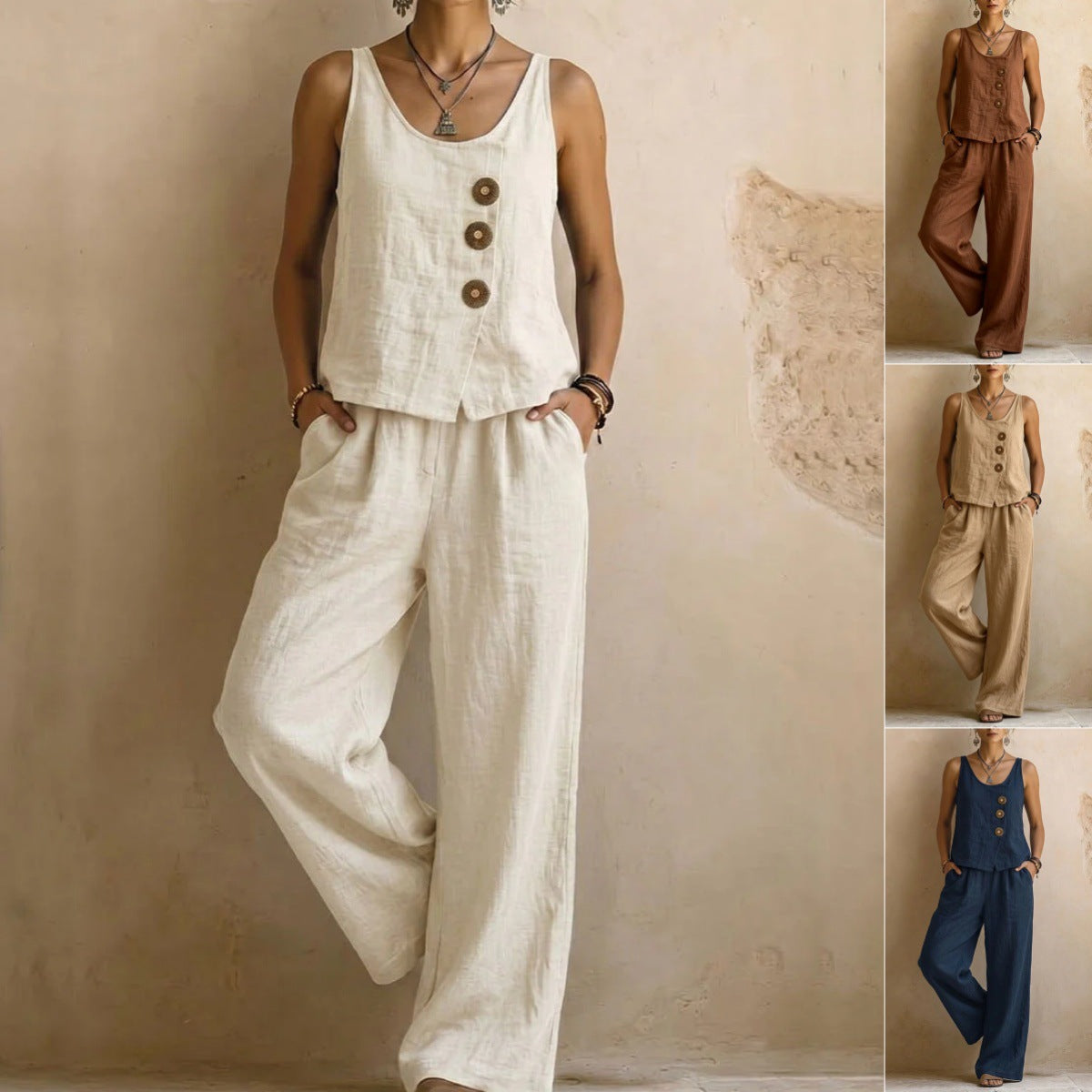 Women's Cotton Linen Sleeveless Tank Top & Pants Two-Piece Set FitiqueFit