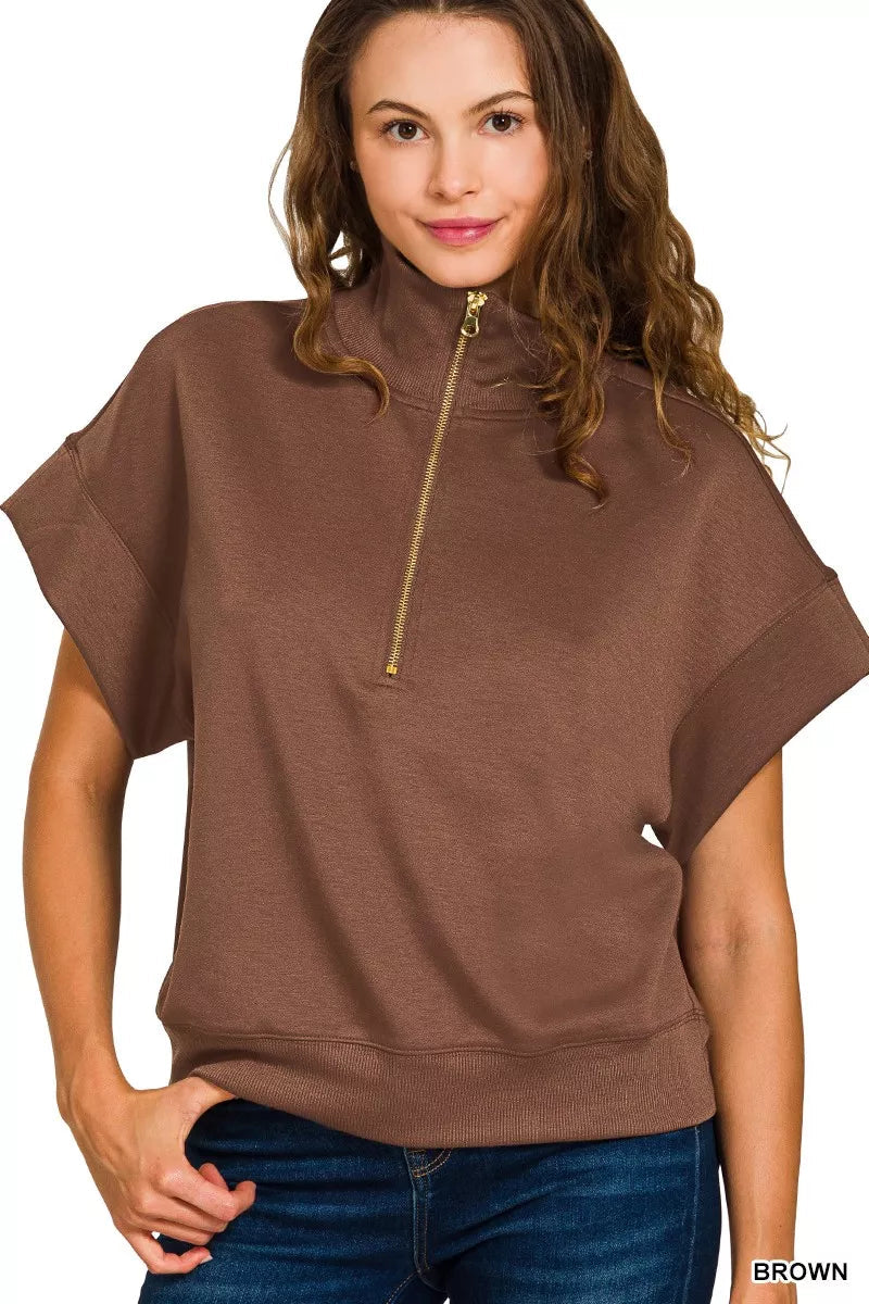 Zenana Full Size Scuba High Neck Half Zip Short Sleeve Top Plus Size Garden Naked Curves