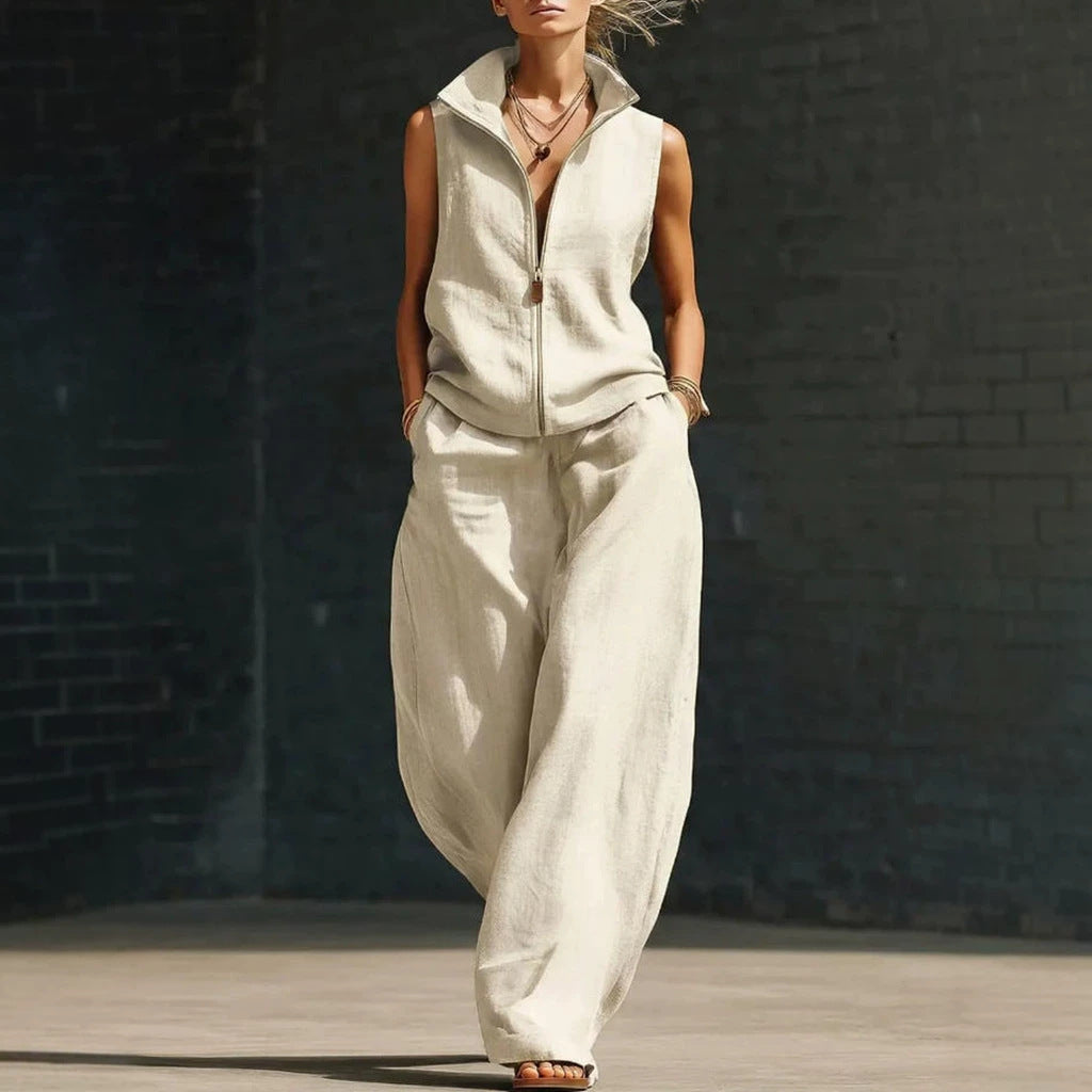 Women's Sleeveless Zippered Linen Two-Piece Set FitiqueFit