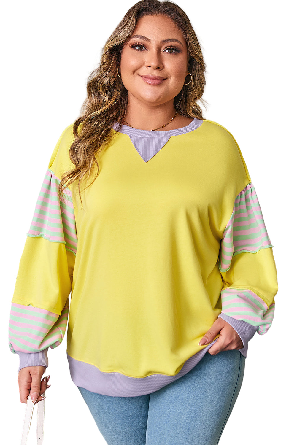 Yellow Striped Color Block Patchwork Crewneck Plus Size Pullover Sweatshirt Garden Naked Curves
