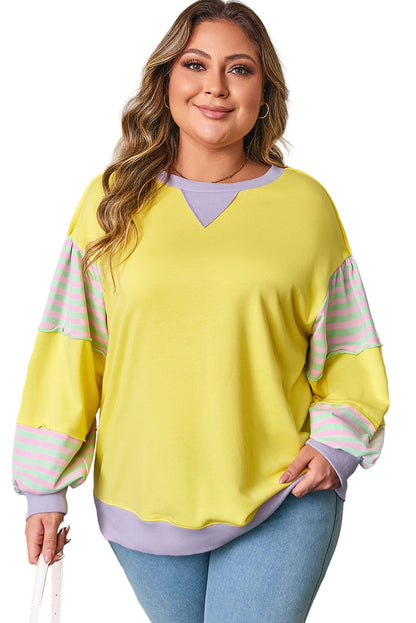 Yellow Striped Color Block Patchwork Crewneck Plus Size Pullover Sweatshirt Garden Naked Curves
