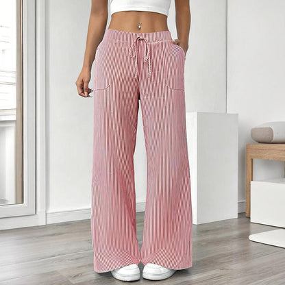 Women's Striped Print Straight Wide Leg Pockets Pants Casual Long Pants FitiqueFit