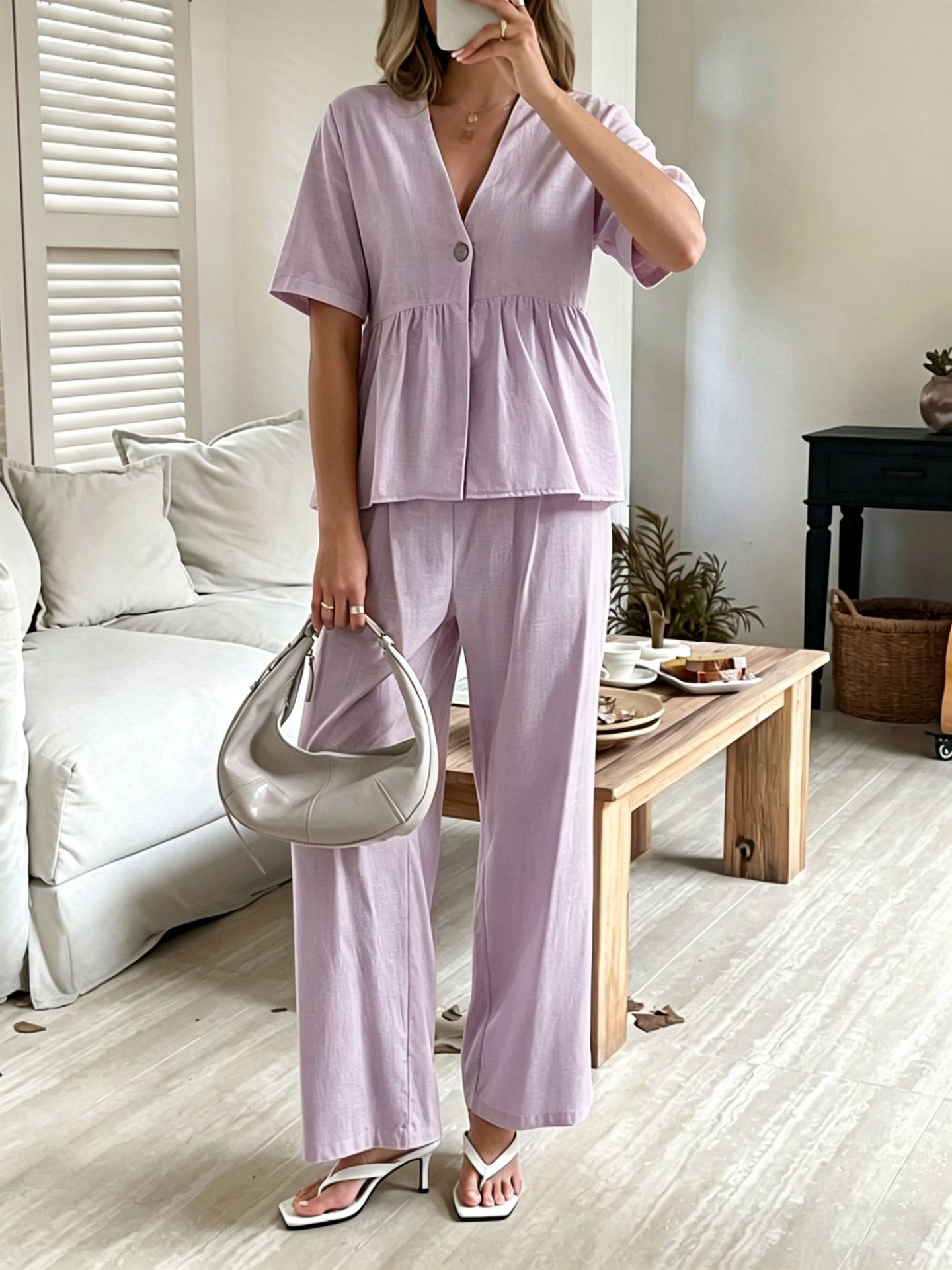 Women's V-Neck Loose Short-Sleeve Top & Wide-Leg Pants Set FitiqueFit