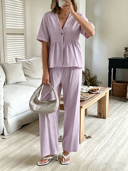 Women's V-Neck Loose Short-Sleeve Top & Wide-Leg Pants Set FitiqueFit