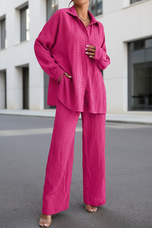 Women's Pleated Long Sleeve Lapel Two-Piece Set – Loose Top & Pants FitiqueFit