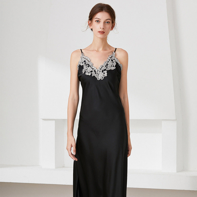 Imitated Silk Lace Sexy V-neck Long Slip Nightdress Pajamas Homewear Grayceful LLC
