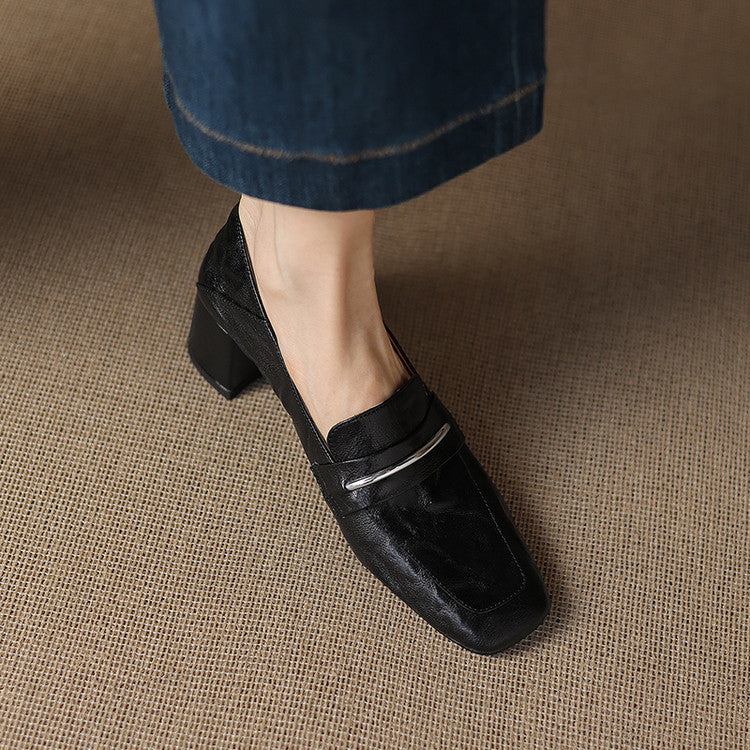 Women’s Sheepskin Square Toe Chunky Heel Pumps FitiqueFit