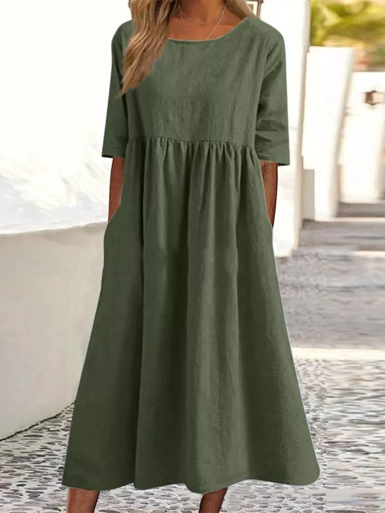 Plus Size Cotton Linen Midi Dress | Round Neck Pocket Dress FitiqueFit