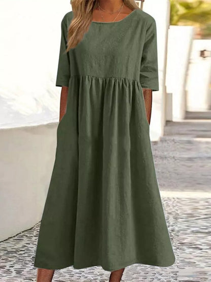 Plus Size Cotton Linen Midi Dress | Round Neck Pocket Dress FitiqueFit