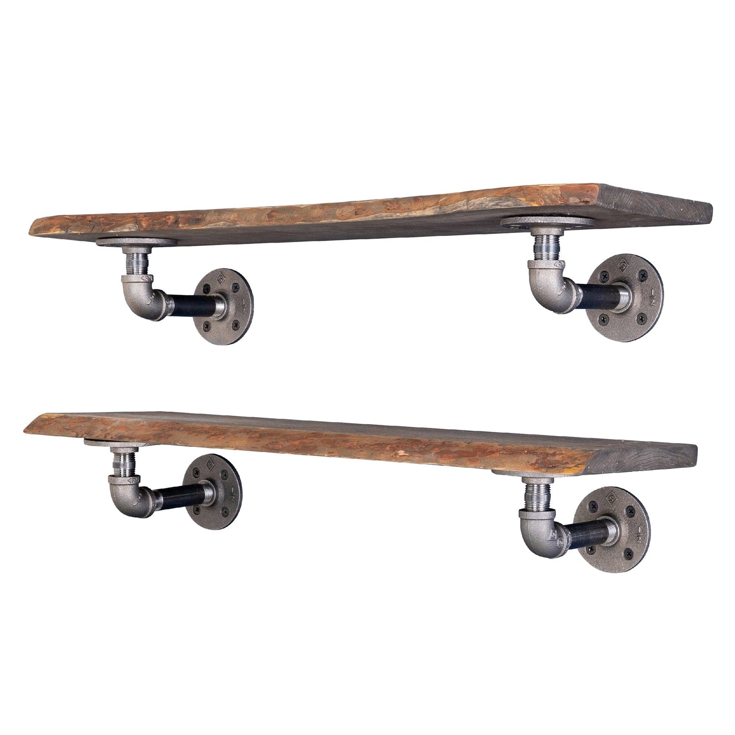 24” Boulder Black Live Edge Wood Shelf with L-Shaped Pipe Brackets (2-Pack) PIPE DECOR