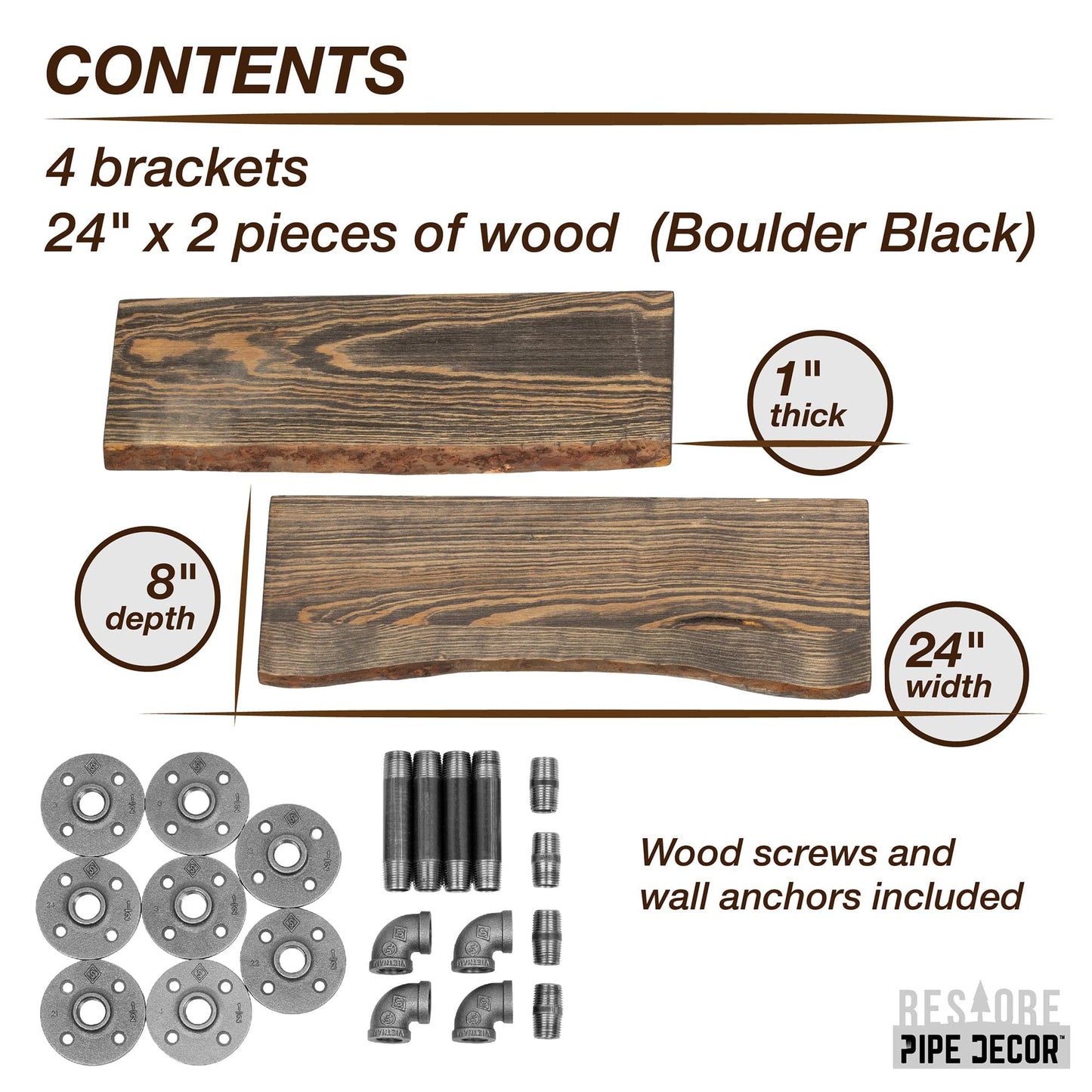 24” Boulder Black Live Edge Wood Shelf with L-Shaped Pipe Brackets (2-Pack) PIPE DECOR