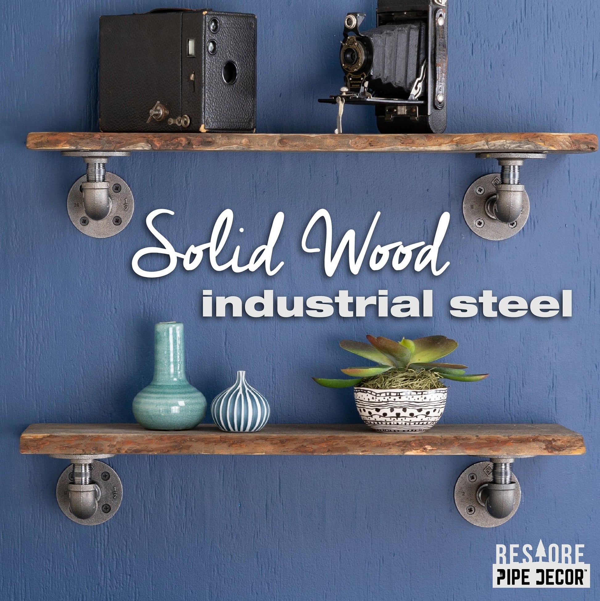 24” Boulder Black Live Edge Wood Shelf with L-Shaped Pipe Brackets (2-Pack) PIPE DECOR