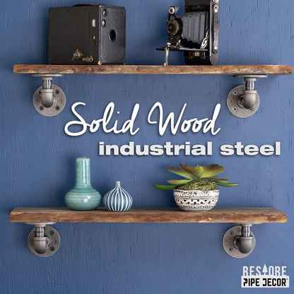 24” Boulder Black Live Edge Wood Shelf with L-Shaped Pipe Brackets (2-Pack) PIPE DECOR
