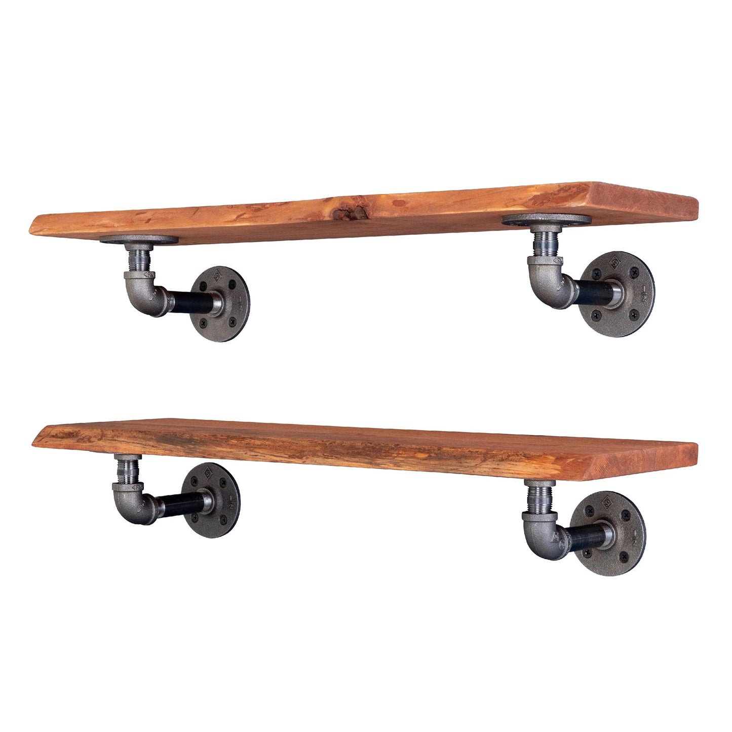 24” Sunset Cedar Live Edge Wood Shelf with L-Shaped Pipe Brackets (2-Pack) PIPE DECOR