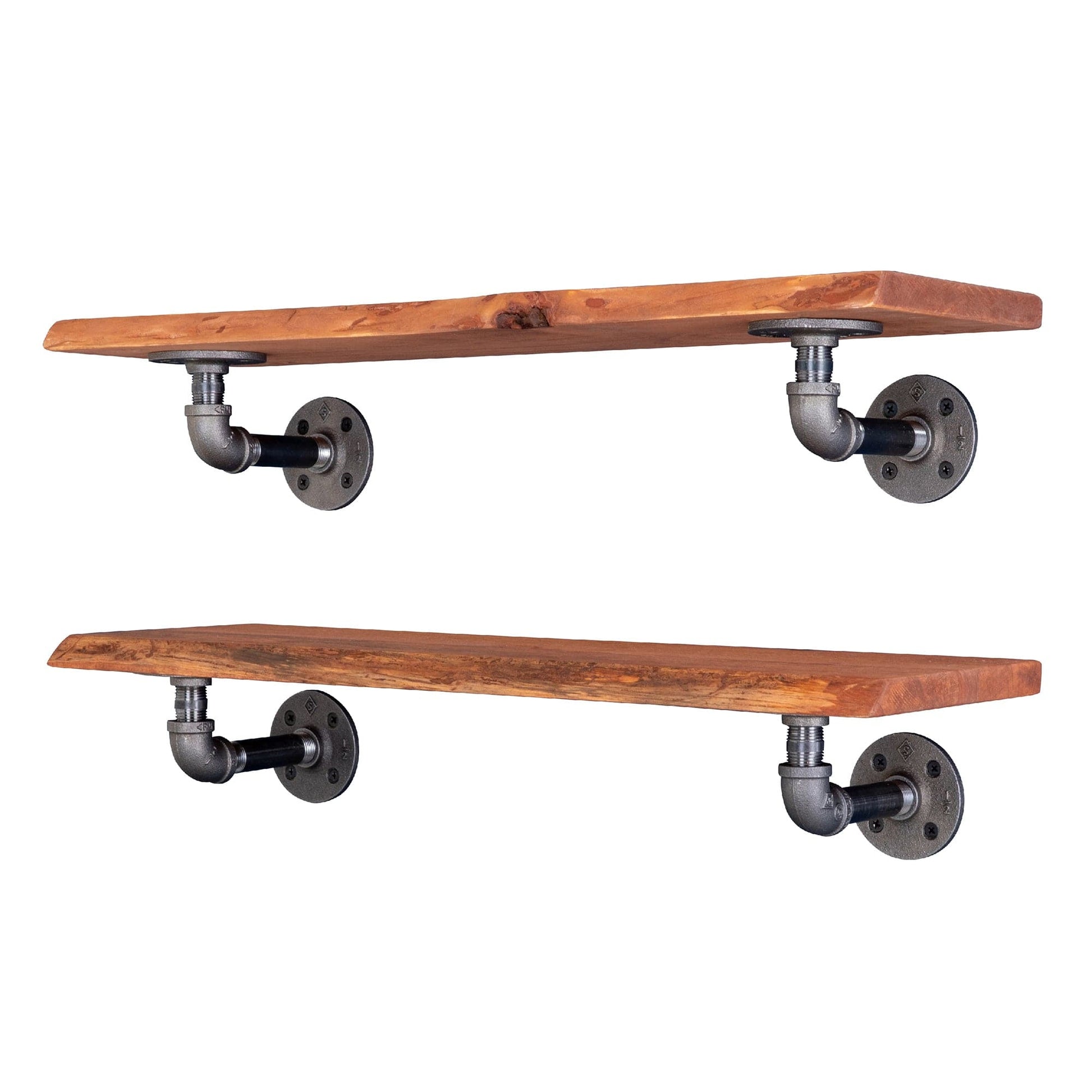 24” Sunset Cedar Live Edge Wood Shelf with L-Shaped Pipe Brackets (2-Pack) PIPE DECOR