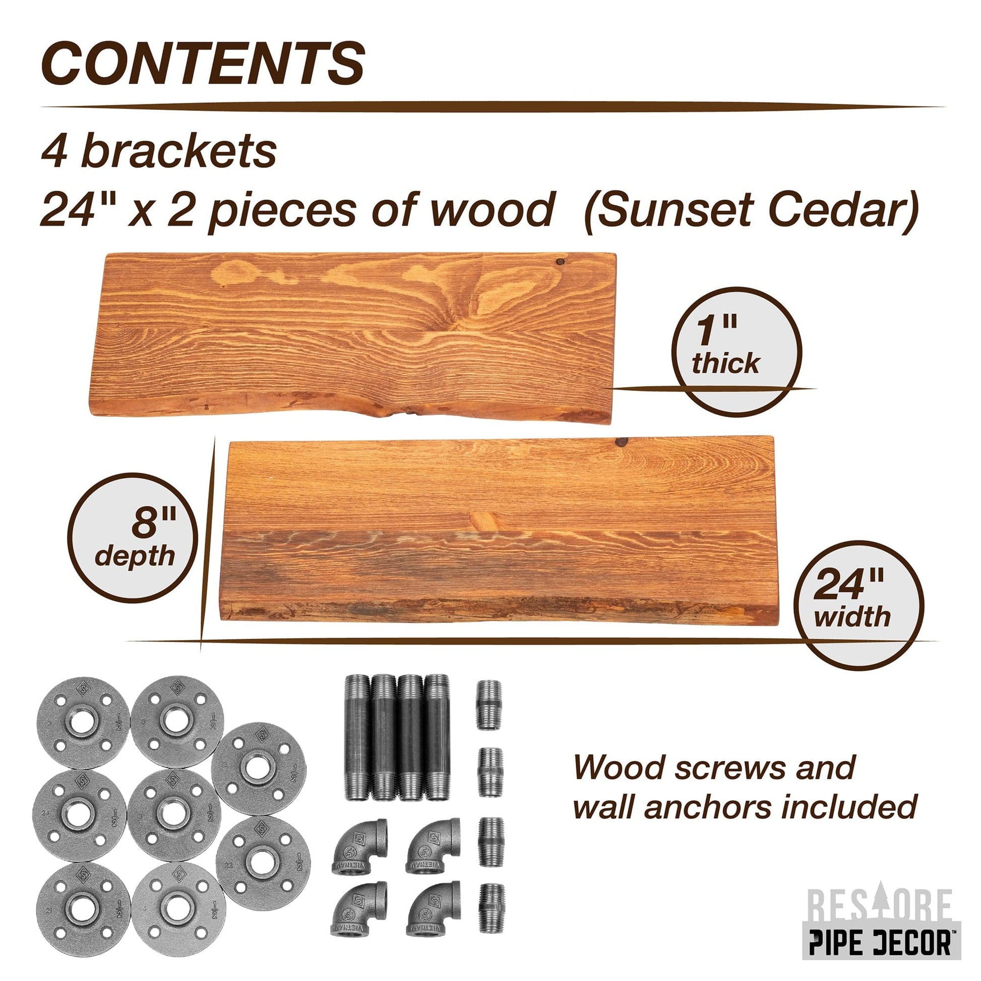 24” Sunset Cedar Live Edge Wood Shelf with L-Shaped Pipe Brackets (2-Pack) PIPE DECOR