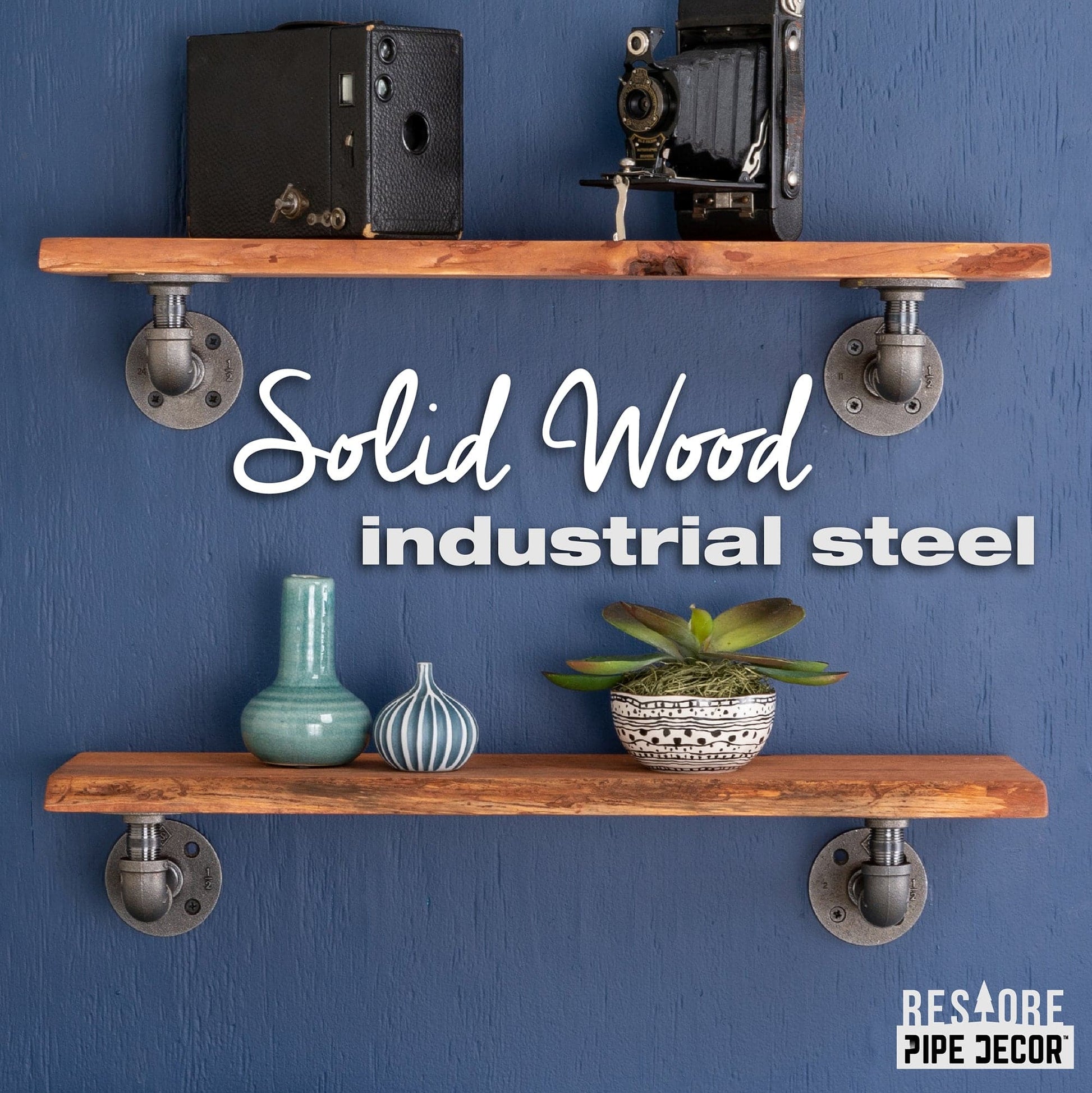 24” Sunset Cedar Live Edge Wood Shelf with L-Shaped Pipe Brackets (2-Pack) PIPE DECOR