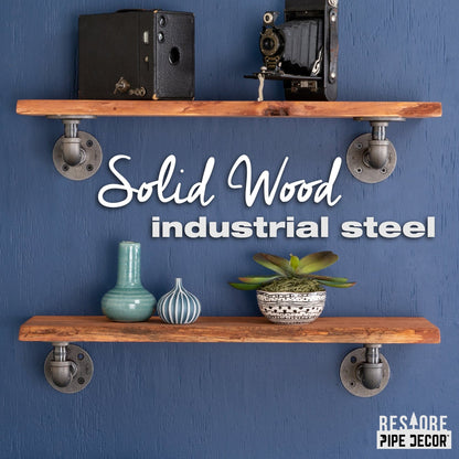 24” Sunset Cedar Live Edge Wood Shelf with L-Shaped Pipe Brackets (2-Pack) PIPE DECOR