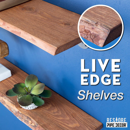 24” Sunset Cedar Live Edge Wood Shelf with L-Shaped Pipe Brackets (2-Pack) PIPE DECOR