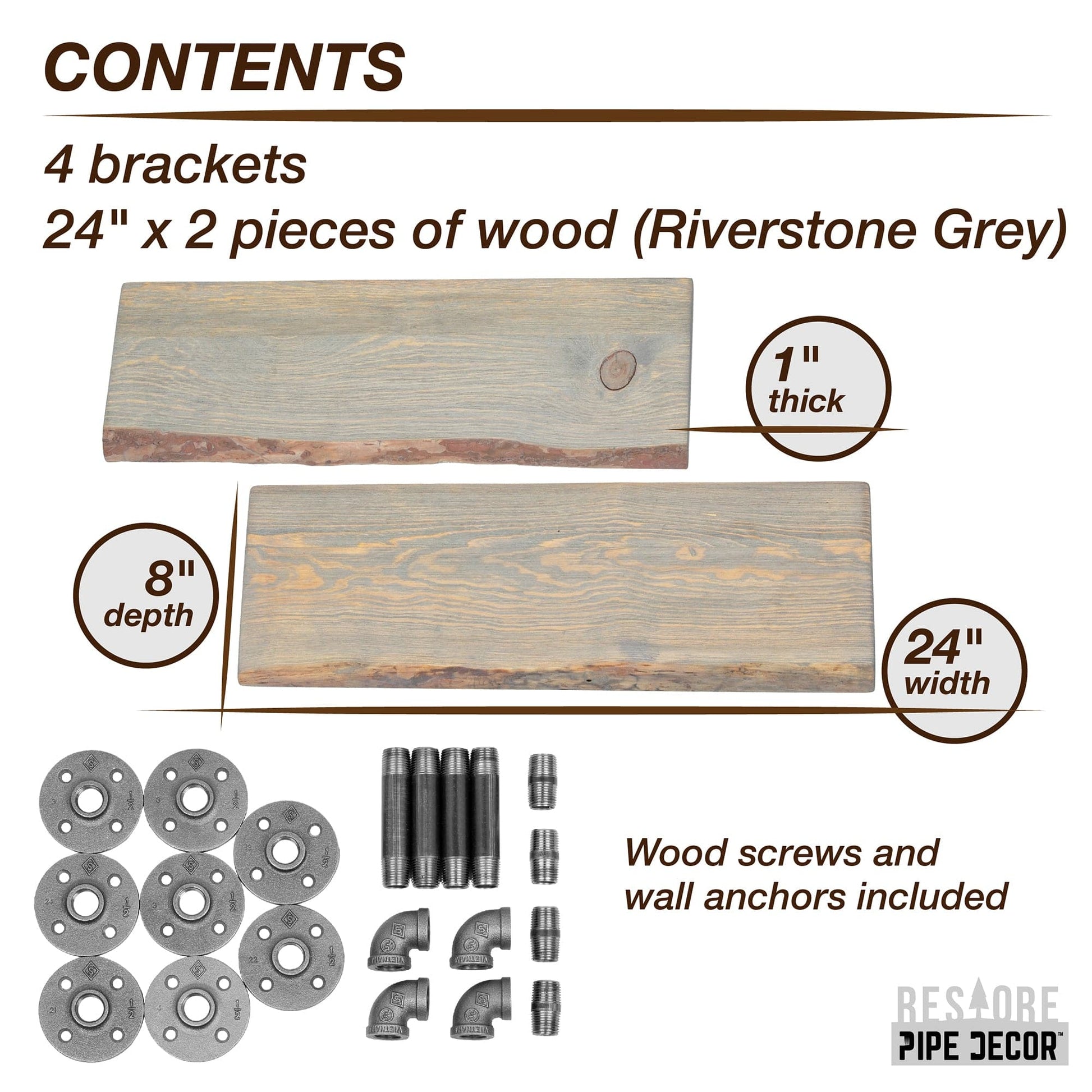 24” Riverstone Grey Live Edge Wood Shelf with L-Shaped Pipe Brackets (2-Pack) PIPE DECOR