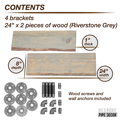 24” Riverstone Grey Live Edge Wood Shelf with L-Shaped Pipe Brackets (2-Pack) PIPE DECOR