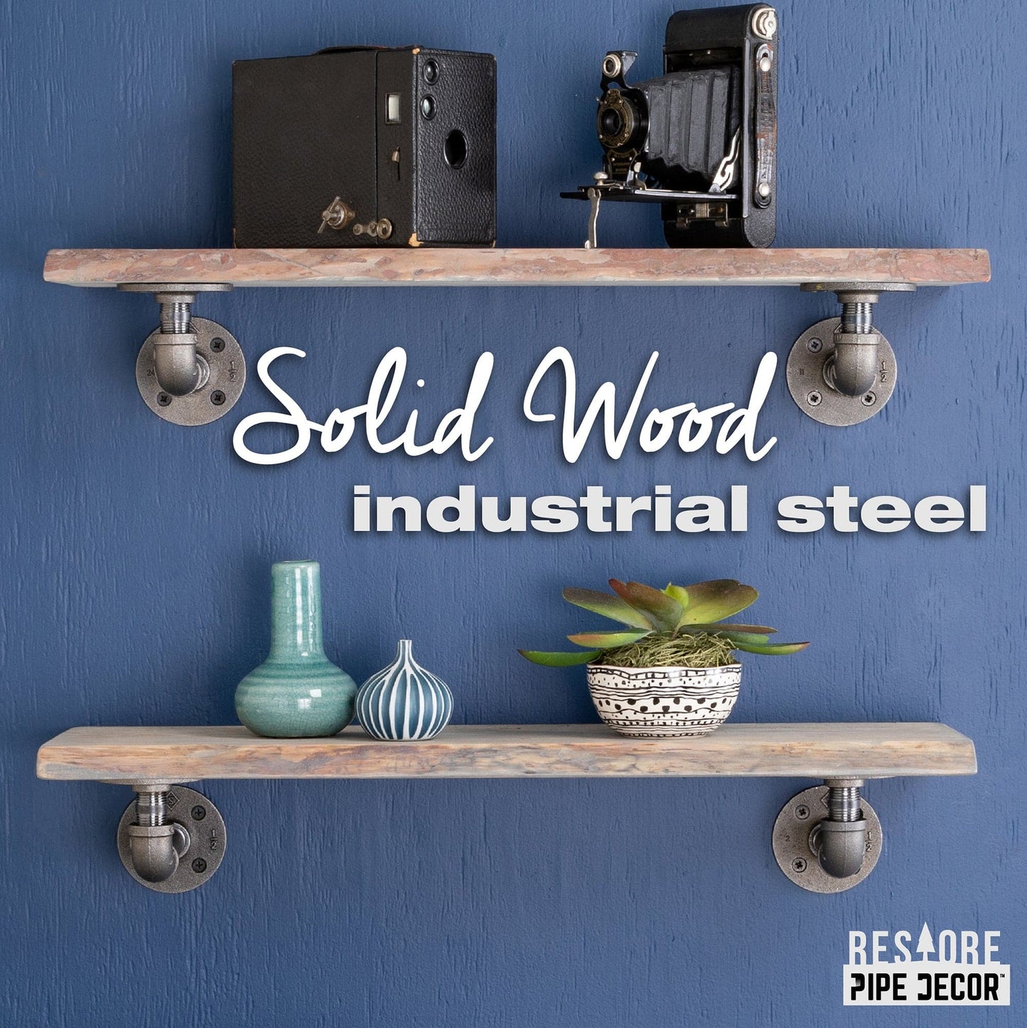 24” Riverstone Grey Live Edge Wood Shelf with L-Shaped Pipe Brackets (2-Pack) PIPE DECOR
