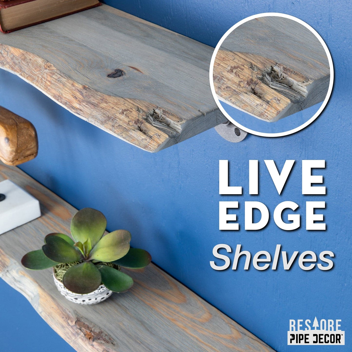 24” Riverstone Grey Live Edge Wood Shelf with L-Shaped Pipe Brackets (2-Pack) PIPE DECOR