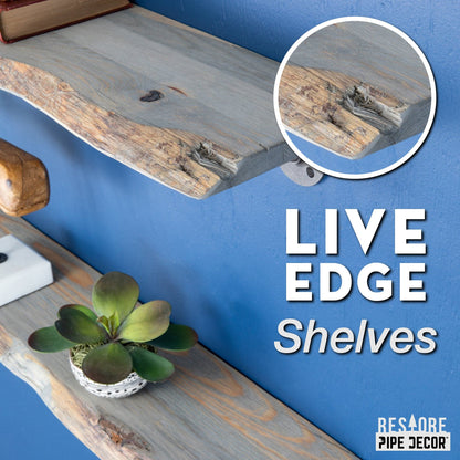24” Riverstone Grey Live Edge Wood Shelf with L-Shaped Pipe Brackets (2-Pack) PIPE DECOR