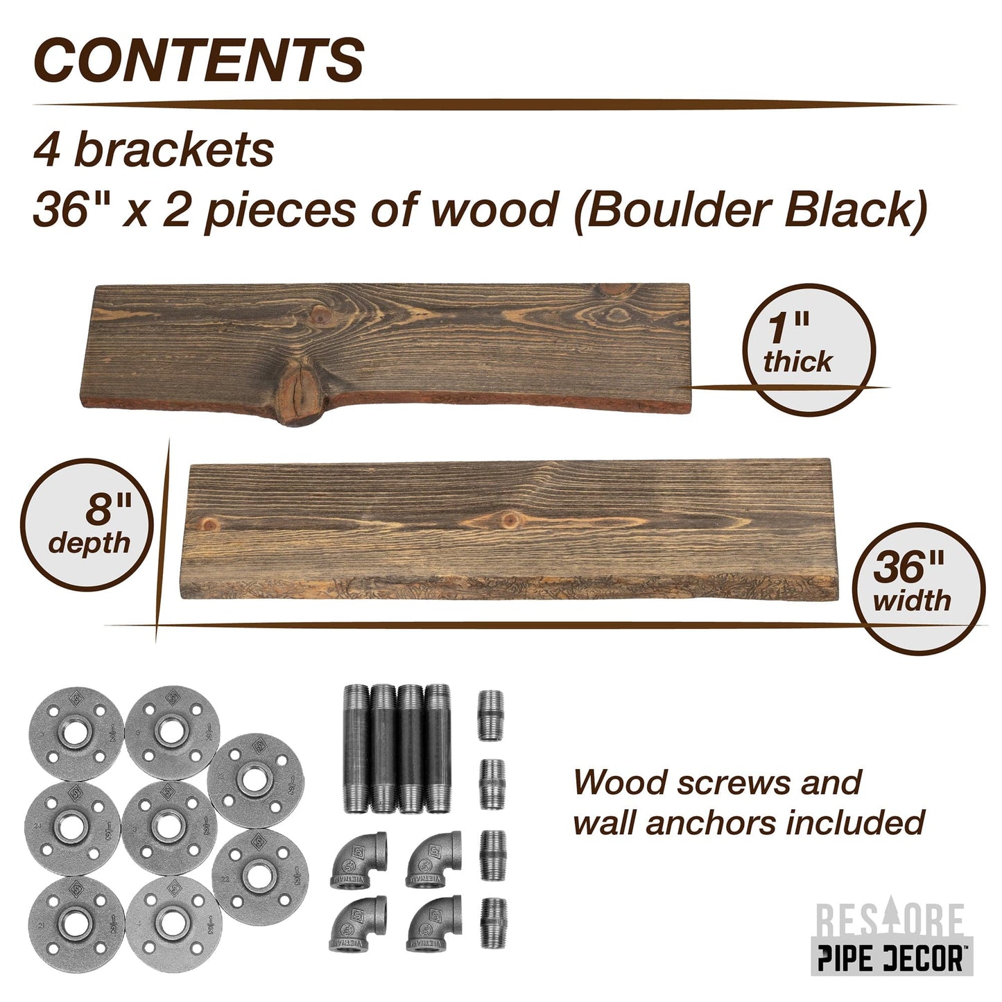 36” Boulder Black Live Edge Wood Shelf with L-Shaped Pipe Brackets (2-Pack) PIPE DECOR