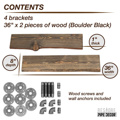 36” Boulder Black Live Edge Wood Shelf with L-Shaped Pipe Brackets (2-Pack) PIPE DECOR