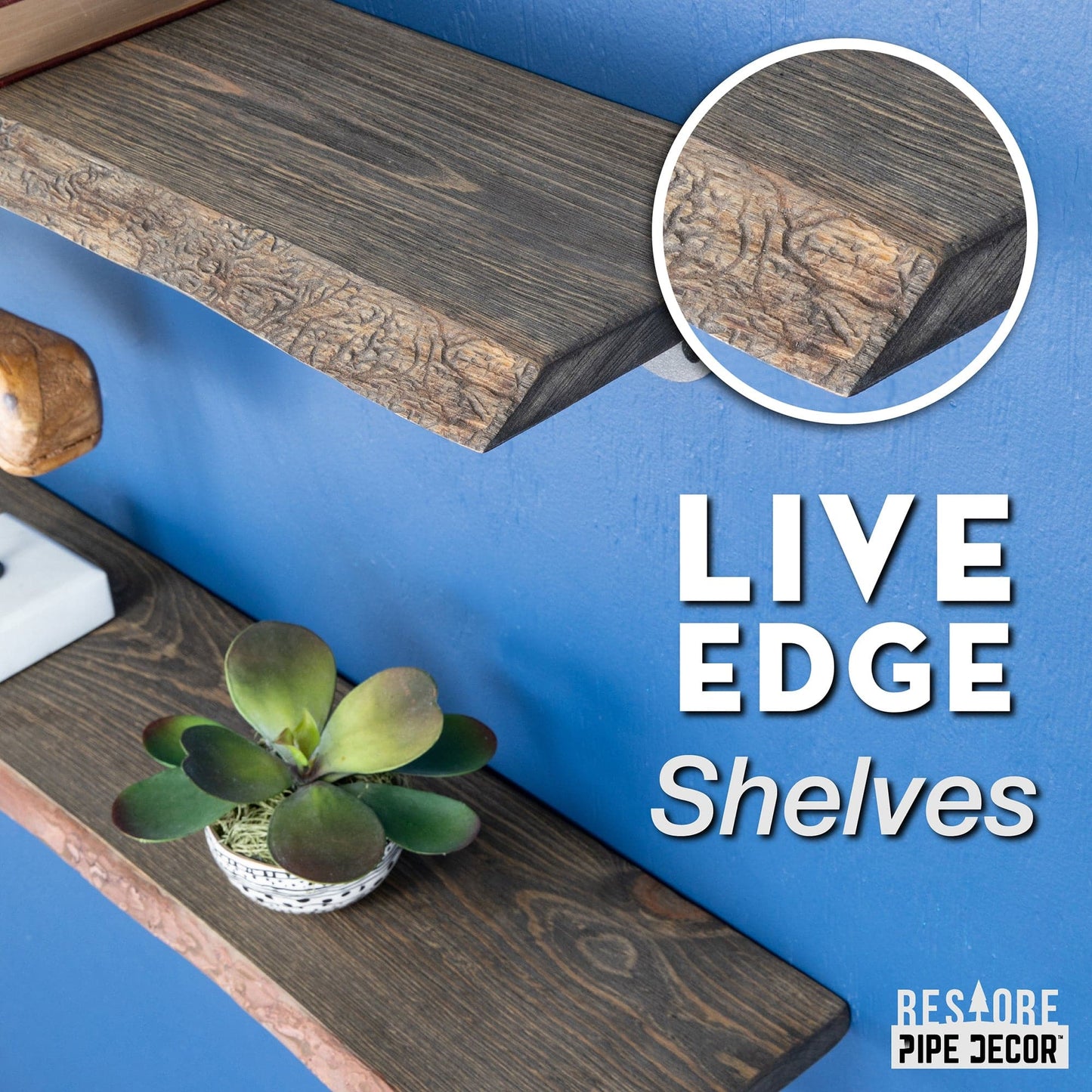 36” Boulder Black Live Edge Wood Shelf with L-Shaped Pipe Brackets (2-Pack) PIPE DECOR