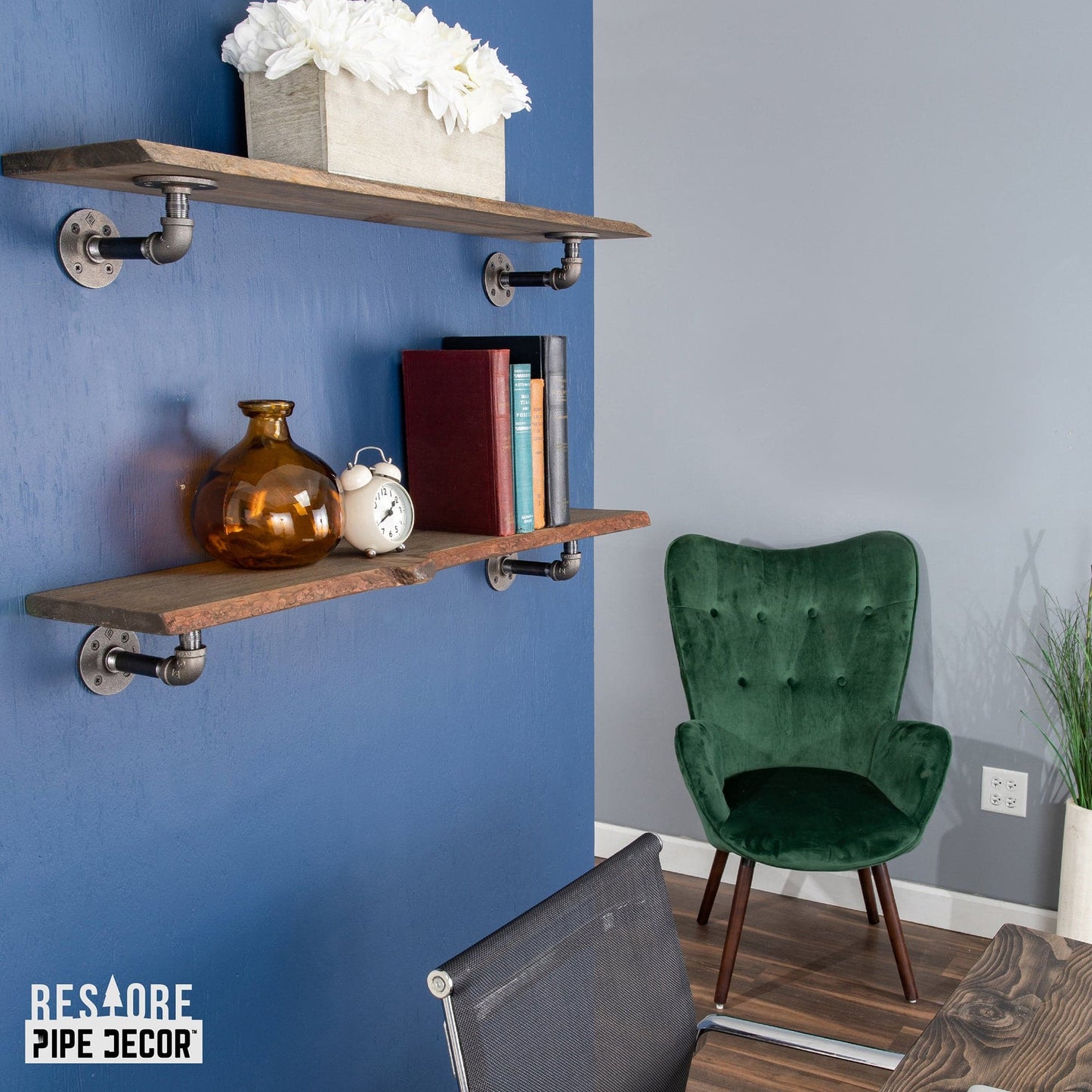 36” Boulder Black Live Edge Wood Shelf with L-Shaped Pipe Brackets (2-Pack) PIPE DECOR