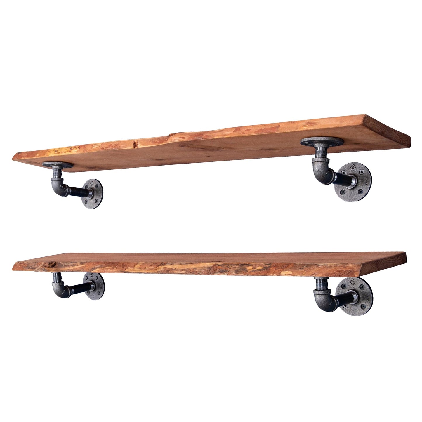 36” Sunset Cedar Live Edge Wood Shelf with L-Shaped Pipe Brackets (2-Pack) PIPE DECOR