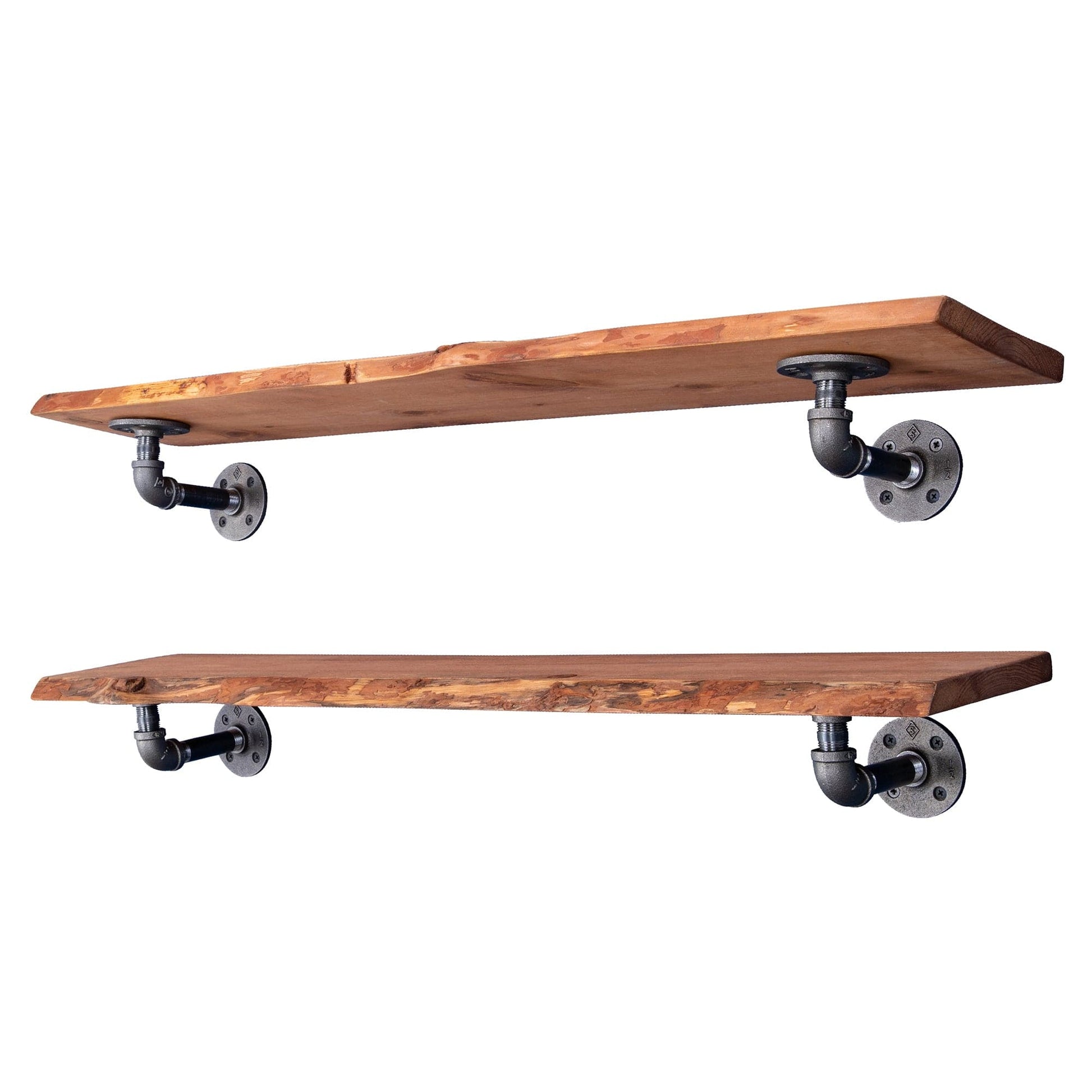 36” Sunset Cedar Live Edge Wood Shelf with L-Shaped Pipe Brackets (2-Pack) PIPE DECOR