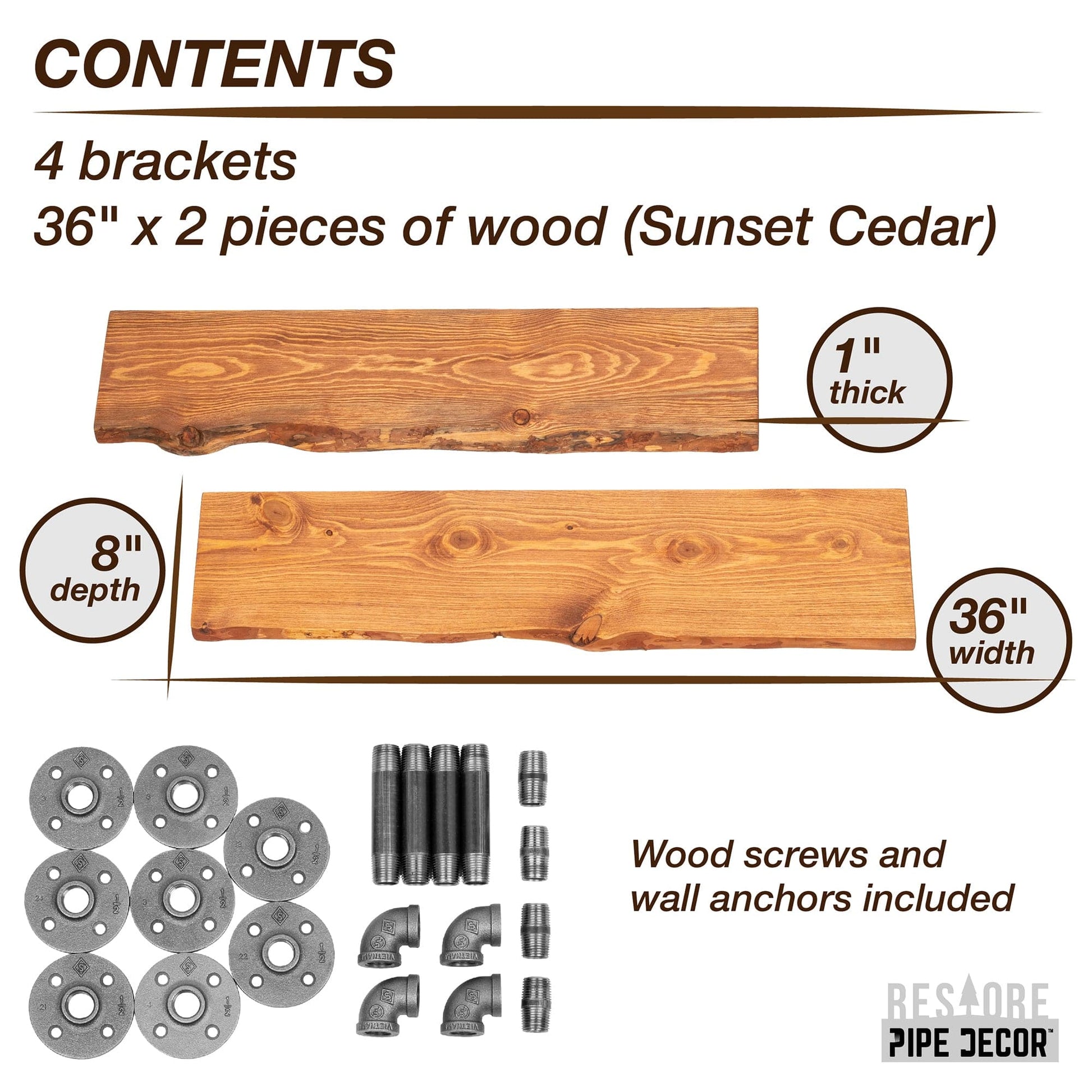 36” Sunset Cedar Live Edge Wood Shelf with L-Shaped Pipe Brackets (2-Pack) PIPE DECOR