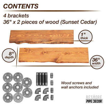 36” Sunset Cedar Live Edge Wood Shelf with L-Shaped Pipe Brackets (2-Pack) PIPE DECOR