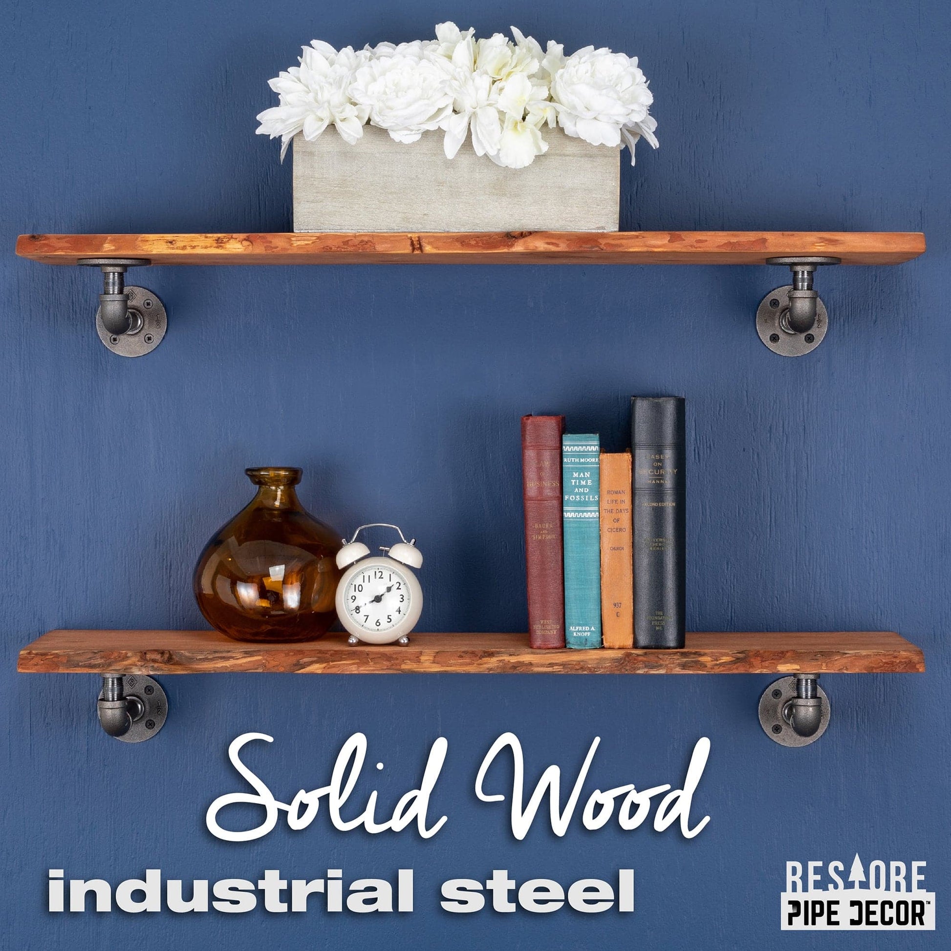 36” Sunset Cedar Live Edge Wood Shelf with L-Shaped Pipe Brackets (2-Pack) PIPE DECOR
