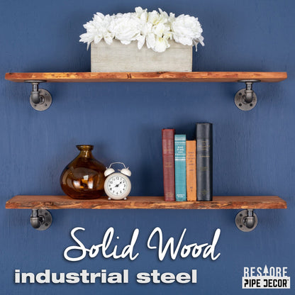 36” Sunset Cedar Live Edge Wood Shelf with L-Shaped Pipe Brackets (2-Pack) PIPE DECOR