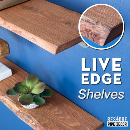 36” Sunset Cedar Live Edge Wood Shelf with L-Shaped Pipe Brackets (2-Pack) PIPE DECOR