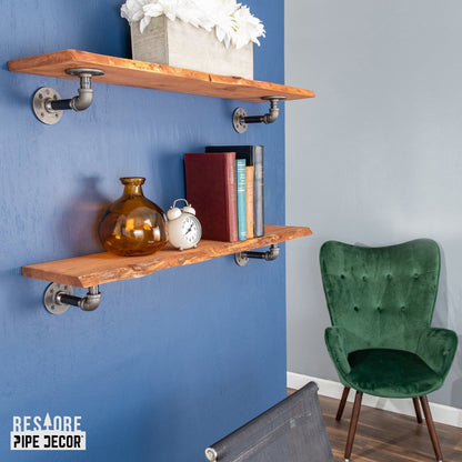 36” Sunset Cedar Live Edge Wood Shelf with L-Shaped Pipe Brackets (2-Pack) PIPE DECOR