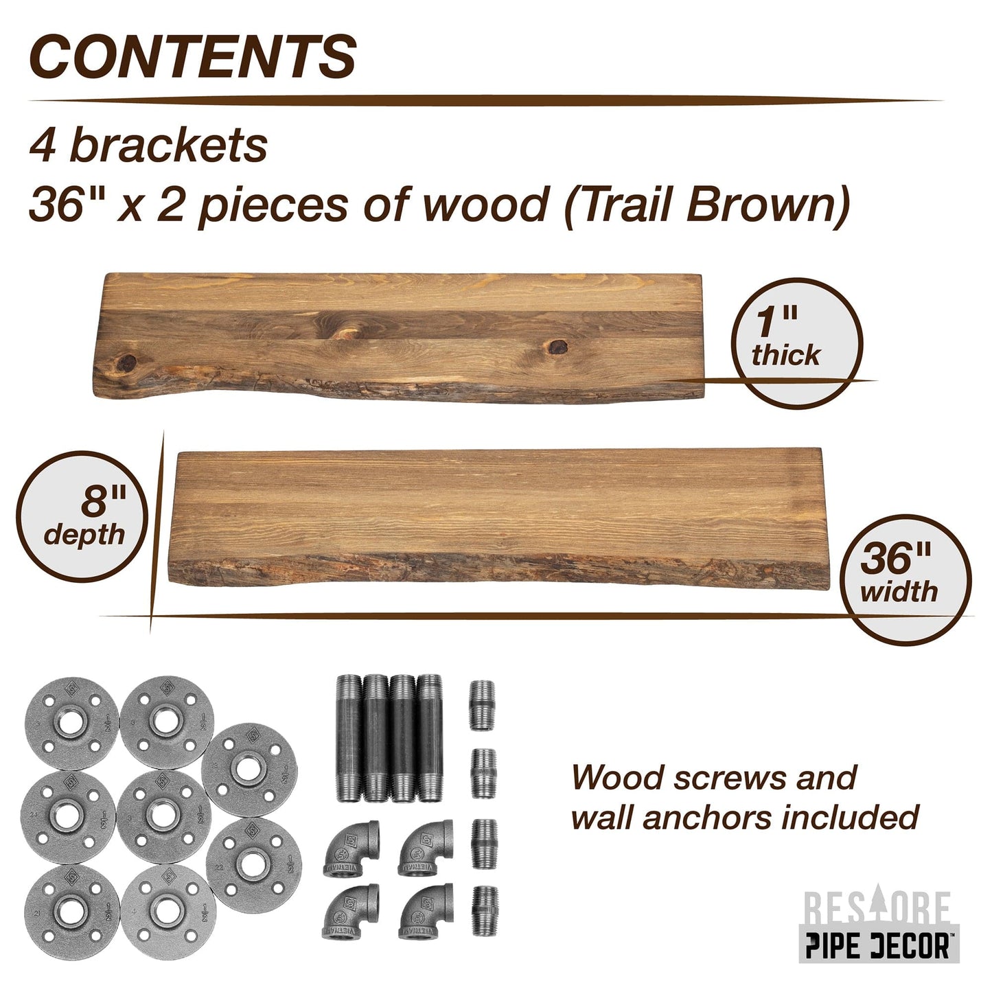 36” Trail Brown Live Edge Wood Shelf with L-Shaped Pipe Brackets (2-Pack) PIPE DECOR